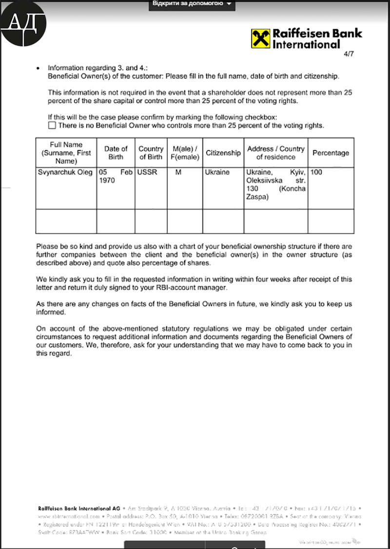 Письмо офшорной компании Гладковского банку Raiffeisen