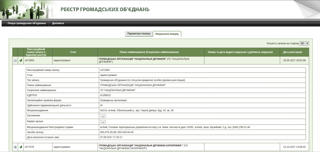 Скріншот з сайту Держреєстру громадських об’єднань